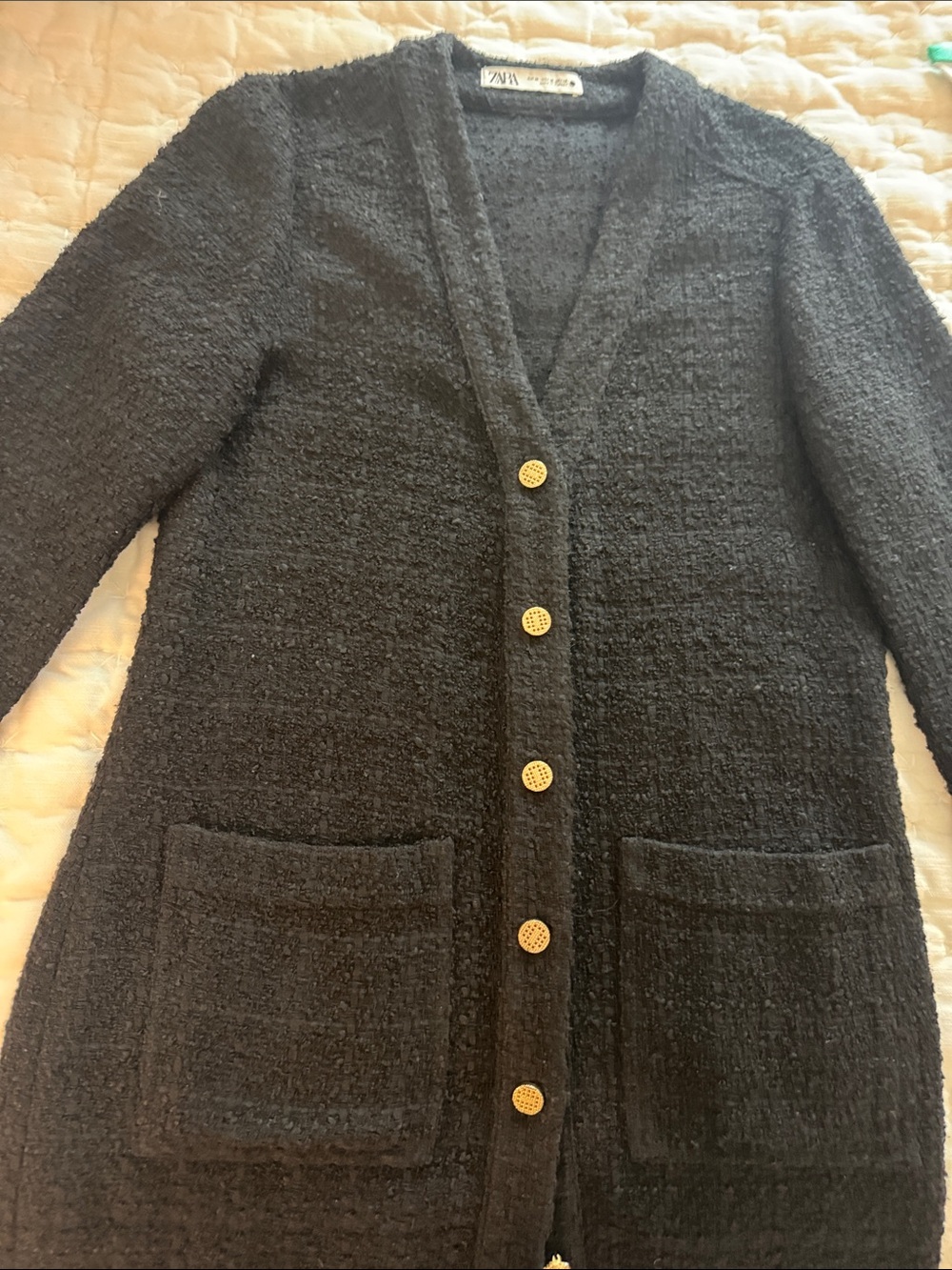 Zara Black Bouclé Long Cardigan with Gold Buttons